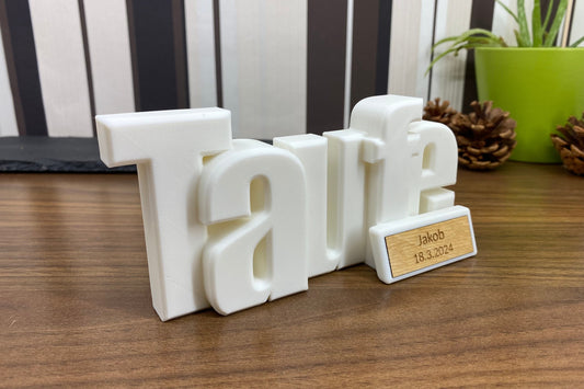 Taufe Deko Schriftzug mit personalisierter Holztafel - Handgefertigtes Andenken aus weißem PLA, 3D gedruckt